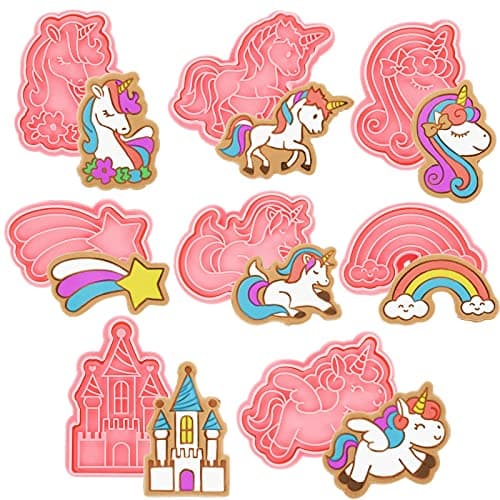Suclain 8 Pcs Unicorn Cookie Cutters with Plunger Stamps Set Rainbow Cookie Cutters Unicorn Cracker Mold Pink Cookie Stamped Embossed Kitchen Bakeware Tool for Biscuit Fondant Party Supply