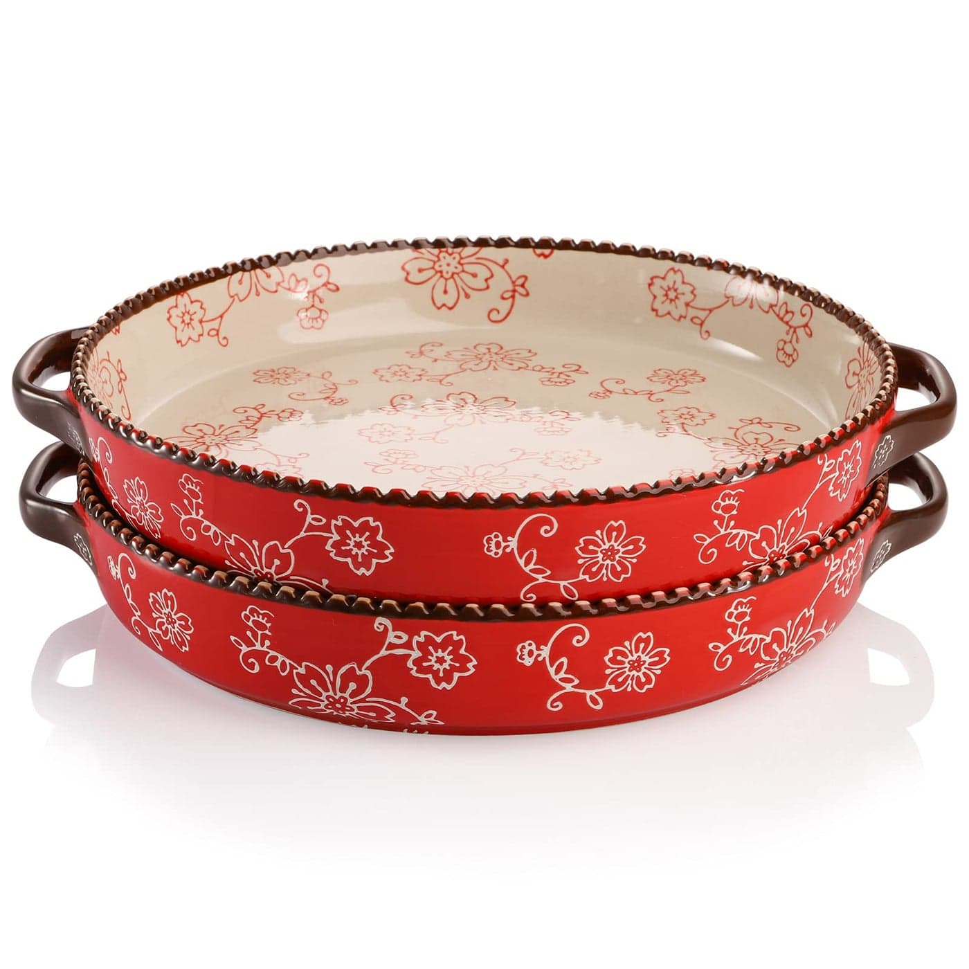 AVLA 2 Pack Ceramic Pie Pan 9 Inch Round Baking Dish with Double Handle 28 Ounce Deep Quiche Plate for Kitchen Cooking Roasting Lasagna Sakura Red