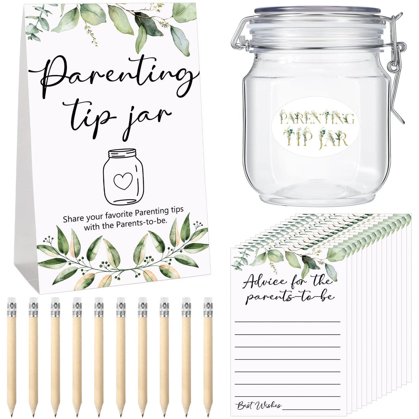 Roowest Baby Shower Advice Cards for New Parents to Be Tip Jar Sign for New Parents 60 Parenting Advice Cards 10 HB Pencils 2 Cute Stickers 1 Pet Bottle for Guests GamesLeaf