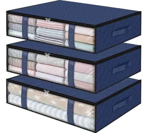 StorageRight Under Bed Storage Bags 3 Pack 40L Large Clothes Comforter Storage Containers with Clear Window Breathable Fabric Organizer for Blankets Bedding Seasonal Clothing Blue