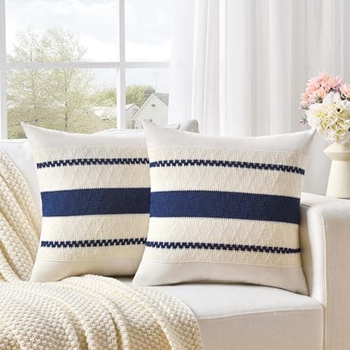 Fancy Homi Set of 2 Navy Blue Decorative Throw Pillow Covers 18x18 Inch for Couch Bed Sofa Living Room Office Aesthetic Modern Organic Farmhouse Home Decor Soft Cotton Woven Textured Cushion Case