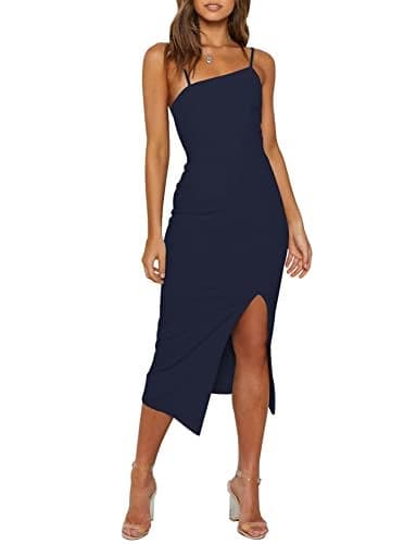 OWIN Women's Formal Dress Elegant Sleeveless Spaghetti Straps Midi Dress Side Slit Club Evening Party Dresses Navy Blue M