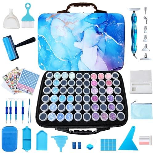 Muzagroo Art Diamond Painting Storage Containers 60 Slots Diamond Art Storage Box with Accessories and Tools Portable Shockproof Organizer Case for Diamond Painting Kits M BlueDeluxe