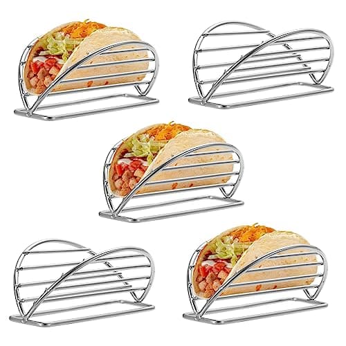 BSTKEY Taco Holders Set of 5, Stainless Steel Taco Stand, Soft or Hard Shell Taco Rack for Taco Bar, Burritos and Tortillas Holder for Kitchen Restaurant