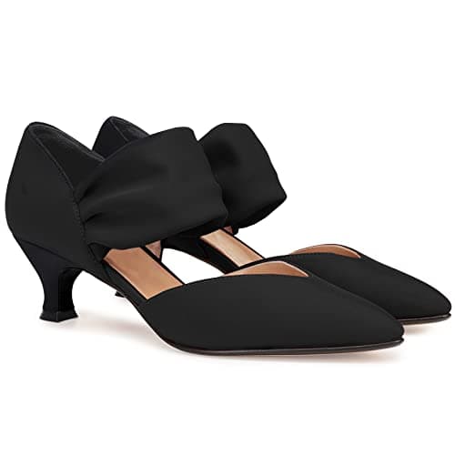 Coutgo Womens Low Kitten Heel Dress Shoes Pointed Toe Slip on Ankle Strap Cutout Elegant Party Wedding Pumps, Black, Size 8.5
