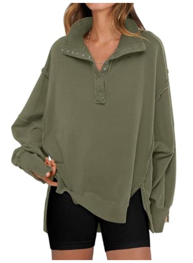 Women's Sweatshirts Oversized Casual Loose Button Up Henley Pullover Top High Low Split 2025 Fall Fashion Outfits