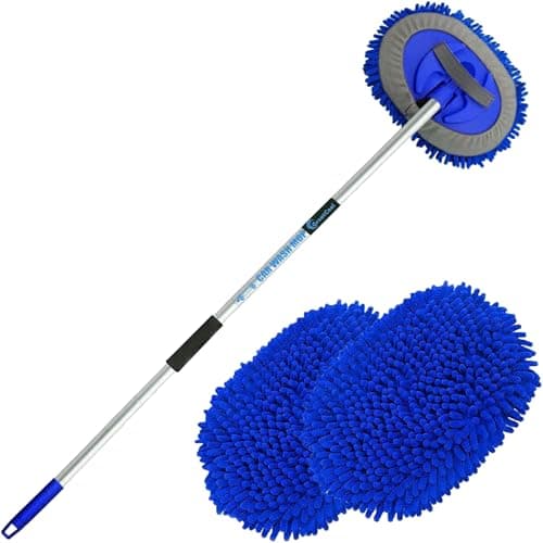 GreatCool 62 Car Wash Brush Mop Kit with Long Handle 2 in 1 Chenille Microfiber Sponge Mitt Cleaning Detailing Duster for Washing Cars Truck SUV RV Caravans and Household2 x Mop Head Blue