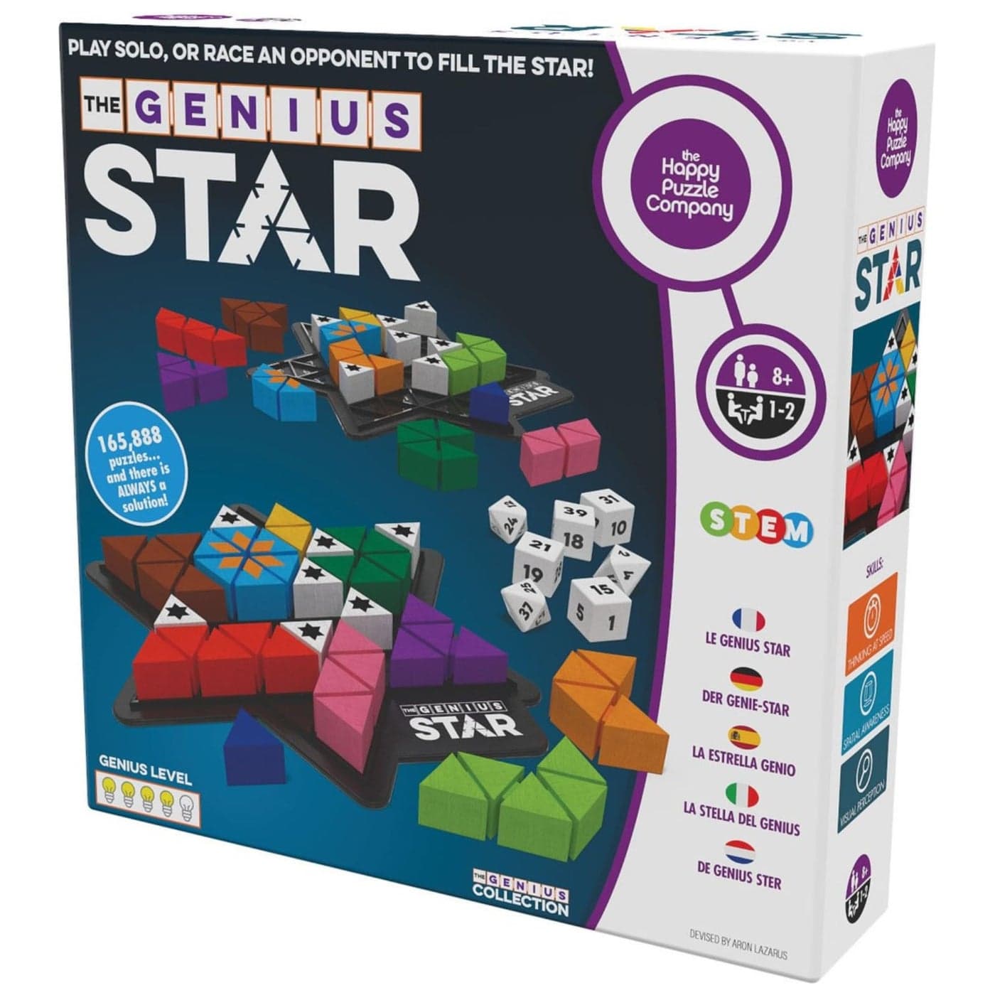 The Happy Puzzle Company The Genius Star - Toy of The Year Award Winning Family Board Game. 165,888 Possible Puzzles by Filling in Colored Shapes with Blockers to Complete A Star! Golden Star Twist!