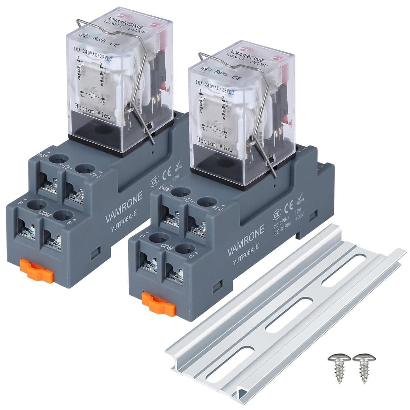 VAMRONE Electromagnetic Power Relay, 8 Pin Relay Coil, 10 Amp, 24VDC with Socket Base and LED Indicator - 2 Units for Din Rail System