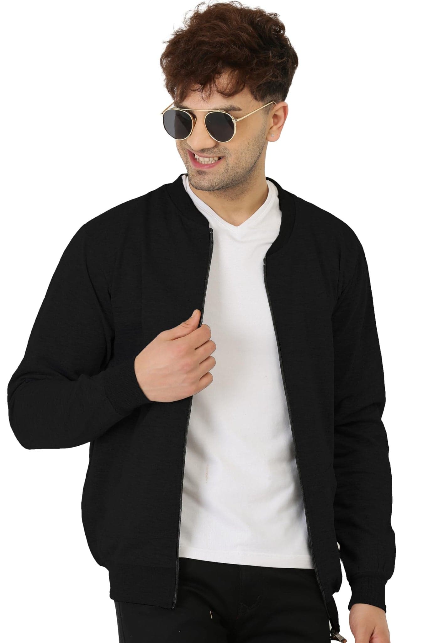 LEOTUDE Loop Knitted Men's Solid Full Sleeve Regular Fit Loopknit Regular Length Bomber Jacket (Jkt02_Mstd_P_Black_Medium)