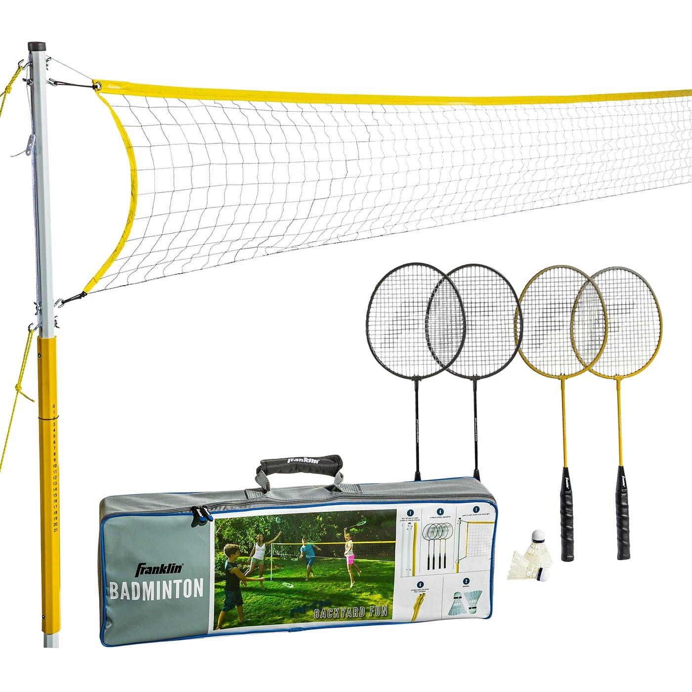 Franklin Sports Badminton Set Backyard Beach Badminton Net Set Rackets and Birdies Included Portable 4 Player Game for Adults Kids Family