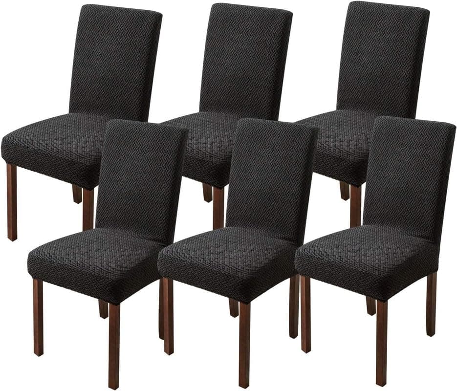 Styleys Elastic Chair Cover Stretch Removable Washable Short Jacquard Dining Chair Cover Protector Seat Slipcover (Pack of 6, Black, JCMC3)
