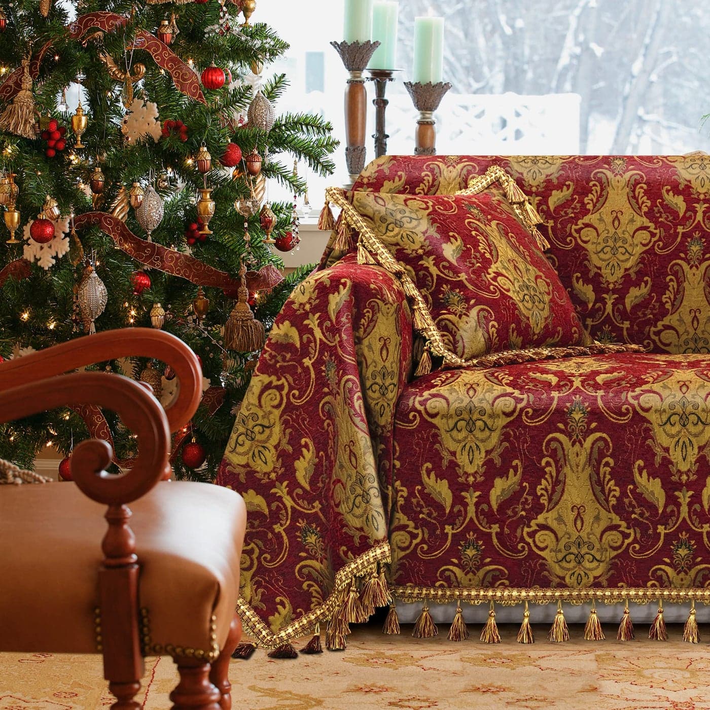 Loom and Mill Luxury Sofa Covers Classic Damask Jacquard Thick Chenille Couch Cover Furniture Protector with Lace Edge and Handmade Tassels for Pet Dogs and Cats Red 71x118 inch