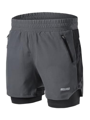 ARSUXEO Men's 2 in 1 Active Running Shorts with 2 Zipper Pockets B191 Dark Grey Size Large