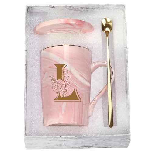 Letter L Personalized Initial Mugs with Flower, Letter L Personalized Novelty Coffee Mug, Novelty Letter Coffee Mugs for Women, Bridal Shower Gifts, Women's Initials Gifts Coffee Mug 14 Ounce Pink