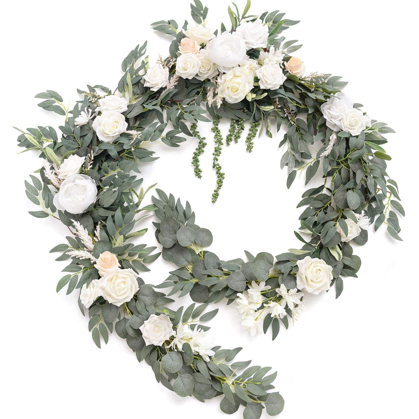 Lings Moment 9FT Spring Flower Garland for Backdrop Decorations Wedding Arch Flowers Eucalyptus Rose Artificial Floral Garland for Mantel Sweetheart Table Decor for Reception White Sage