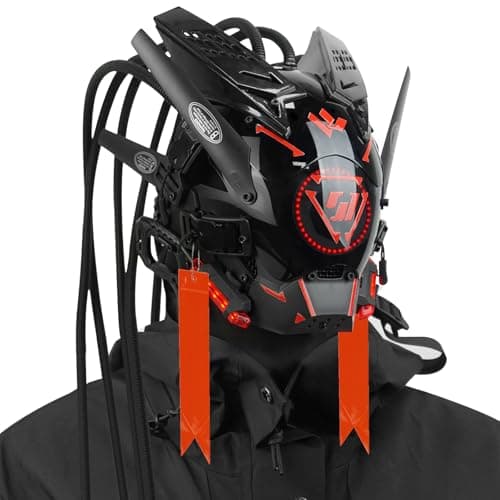 foymi Punk Helmet Mask Round Light LED Light with Braids 6 Punk Stickers Futuristic Mask for Cosplay Music Festival Halloween
