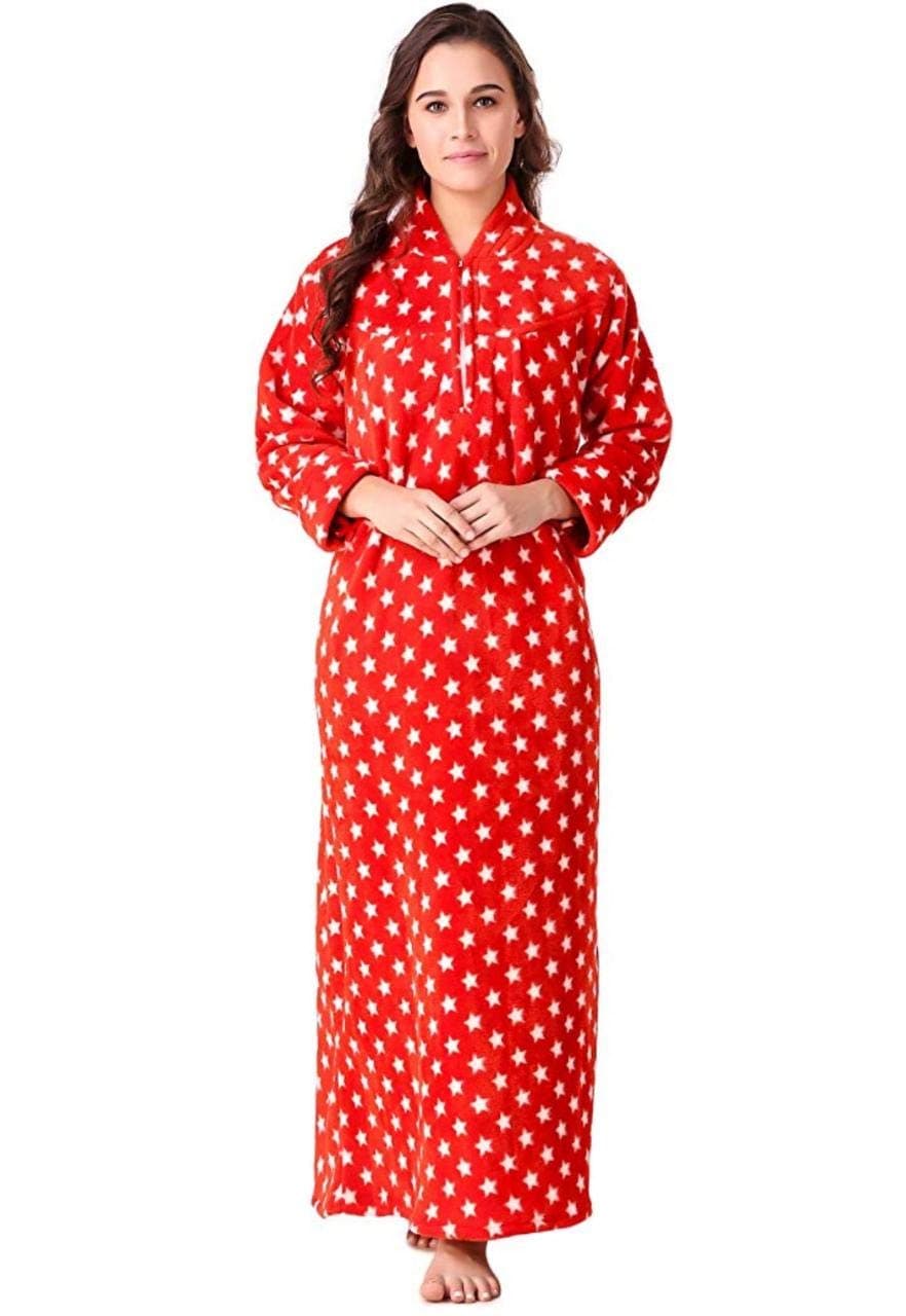 CIERGE Women's Wool Starred Maxi Nighty (Red nighty woolen, red, Free Size)
