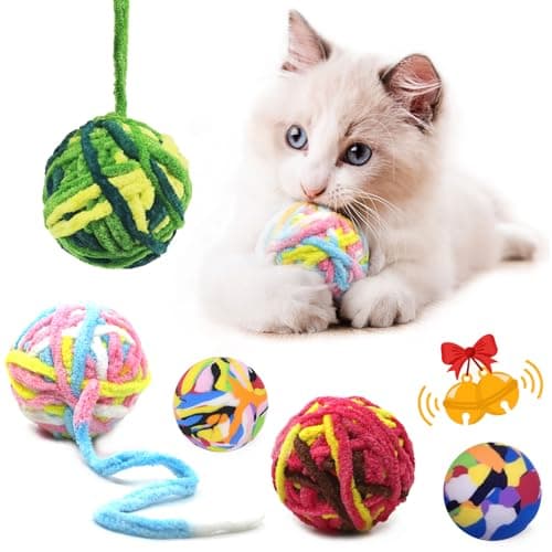5 PCS Cat Ball Toys Colorful Woolen Yarn Balls Builtin Bell for Cats Furry Rattle Ball for Kitty and Kitten Training Indoor Play Pet Cat Interactive Chasing Chewing Molar Cotton Thread Ball Toys