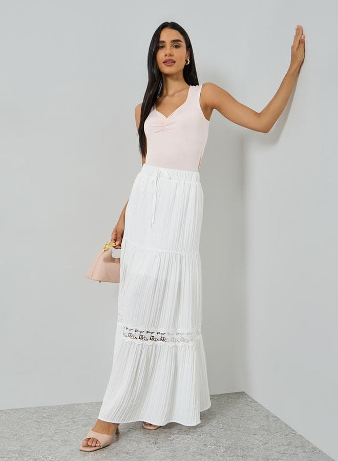White Lace Insert Tiered Maxi Skirt