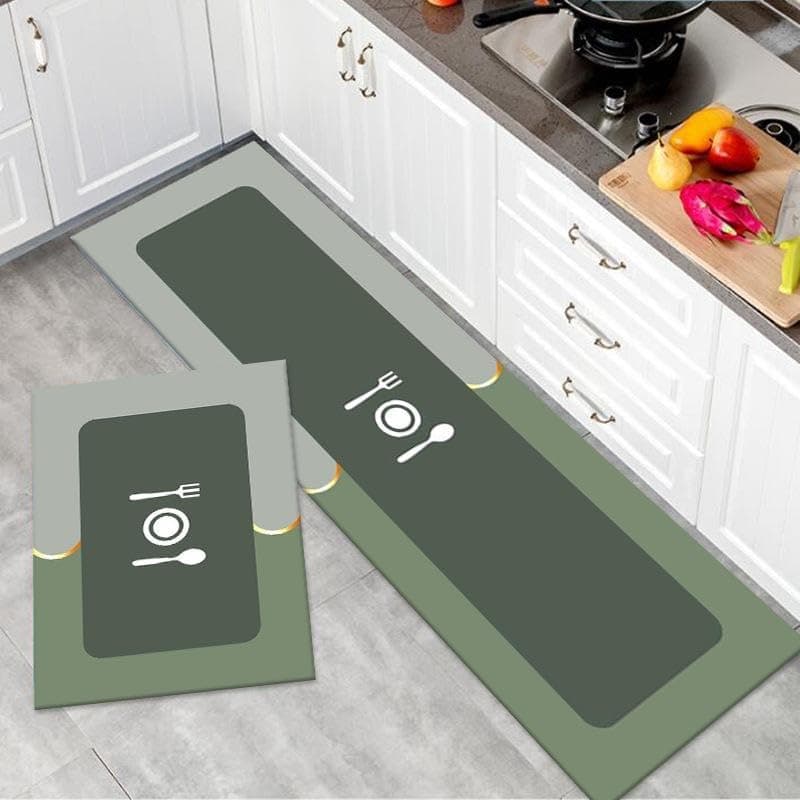 2 Pcs Kitchen Mats - Waterproof Memory Foam Standing Desk Floor Mat Non Slip Rugs, Comfort Runner Rug Floor Carpets for Kitchen Home Office, Sink & Laundry(120 * 40 cm, 40 * 60 cm) (Green Spoon Fork)