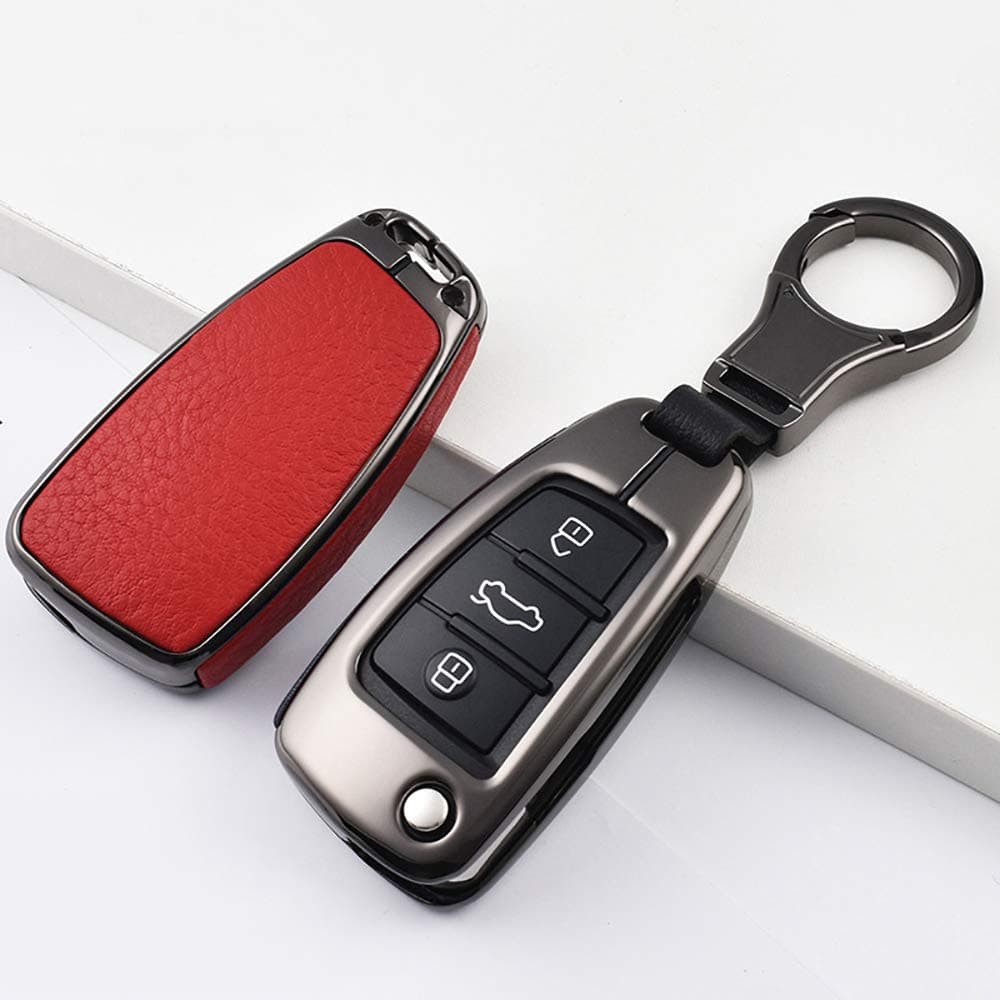 SANRILY 1Pcs Flip Key Fob Cover for Audi A1 A3 A6 Q3 Q5 TT S3 Keyless Entry Key Holder Metal Leather Key Protection Case Shell with Keychain Red