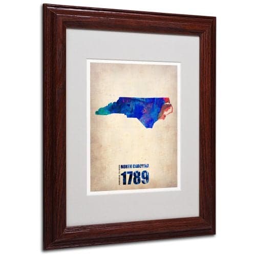Trademark Fine Art North Carolina Watercolor Map by Naxart Matted Framed Art, 11 by 14-Inch, Wood Frame