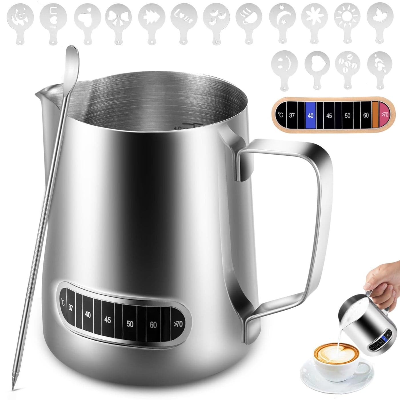 Anpro Milk Frothing Pitcher 350 ml12 oz 304 Stainless Steel Milk Pitcher with ThermometerLatte Decorating Art Pen and 16 Pcs Coffee StencilsMetal Barista Accessories for CoffeeLatte Cappuccino