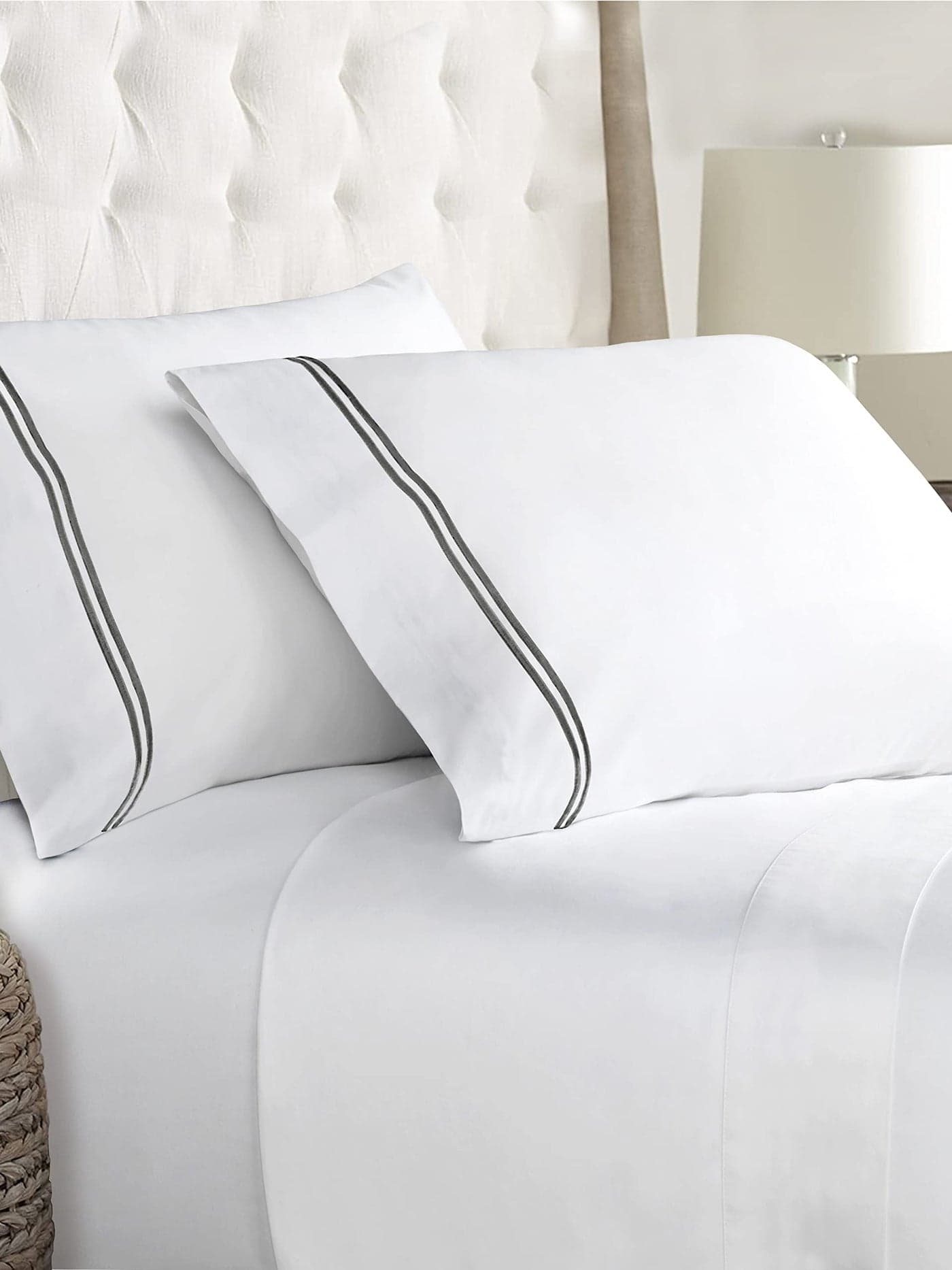 Linenwalas 400 Thread Count White Bedsheet Cotton with 2 Marrow Embroidery Pillow Covers | Softest Long Staple 100% Cotton Silky Soft - Queen (90"x100") - Silver Marrow Embroidery