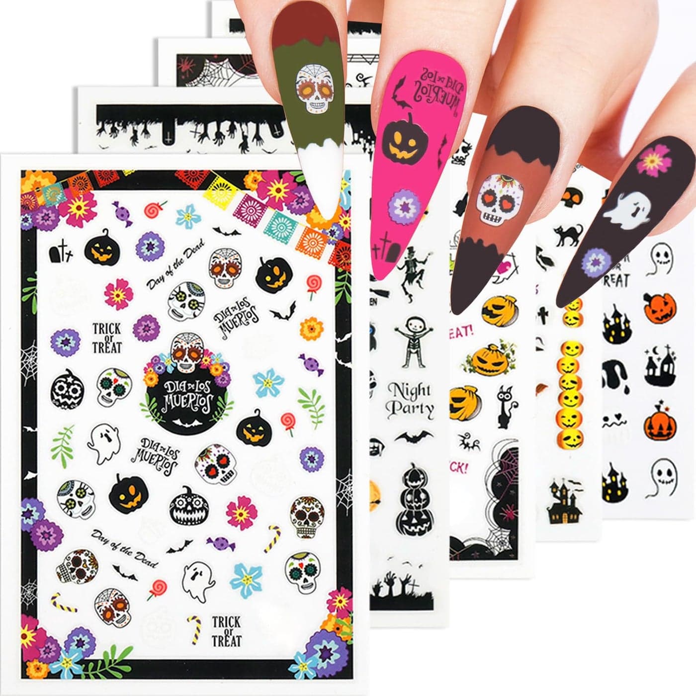 HNUIX Nail Stickers - 3D Halloween, Self Adhesive Nail Decals, Multi Colour Pattern, 10 Sheets, for Nail Art