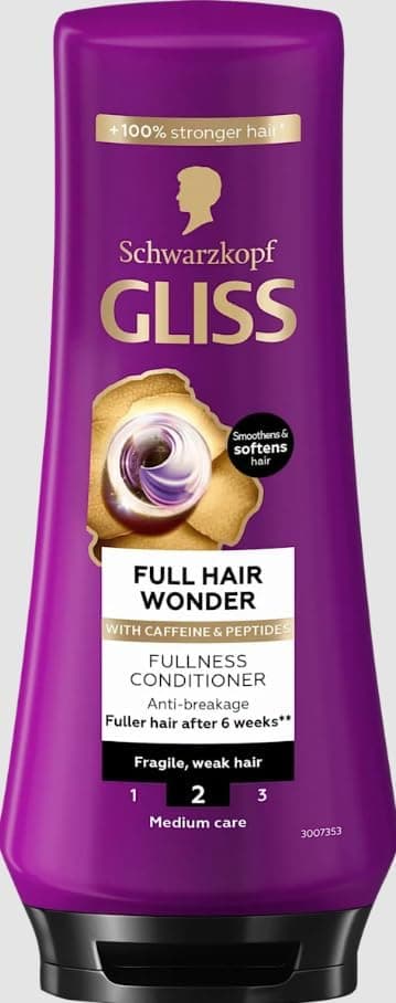 Schwarzkopf Gliss Full Hair Wonder Hair Conditioner For damaged and thin hair With caffeine and peptides Vegan formula 200 ml Pack of 3