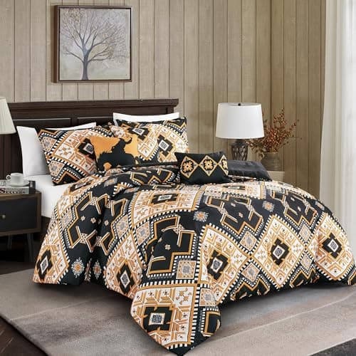6-Piece Falesyia Western Cowboy Comforter Set Queen Size Black and Gold Rustic Bedding with Southwestern Horse Silhouette Pattern