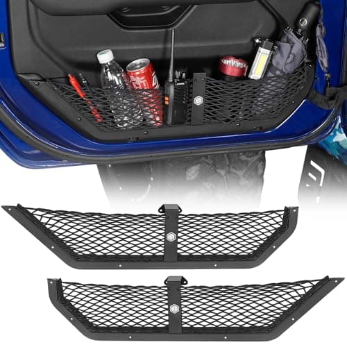 Hooke Road Front Door Pocket Storage Mesh Cargo Net for 2018-2026 Jeep Wrangler JL & 2020-2026 Gladiator JT Accessories (Manual Seat Only), 2 PCS Door Side Insert Organizer Alimunim Base
