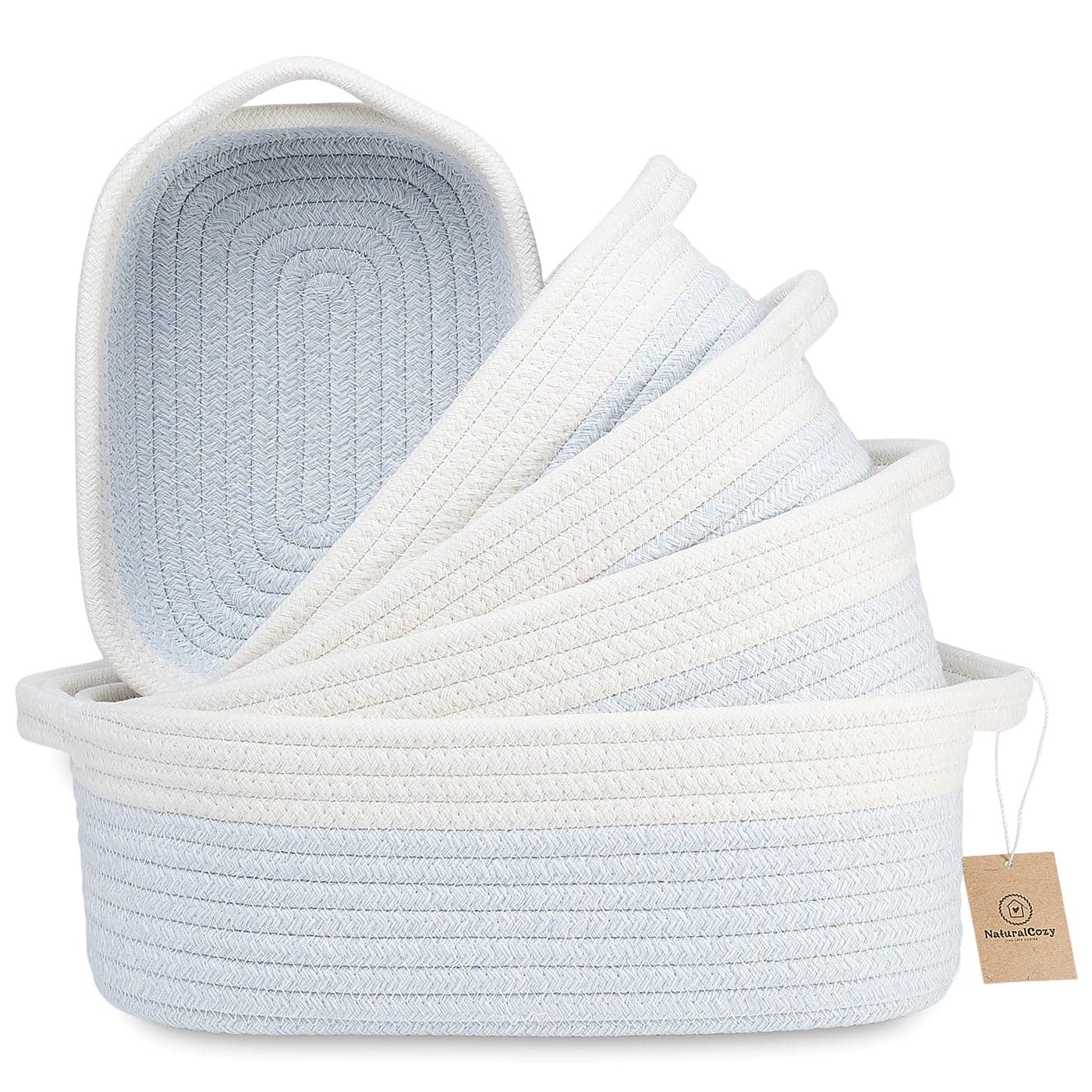 NaturalCozy 5Piece Rectangle Storage Basket Set Natural Cotton Rope Woven Baskets for Organizing Small Basket for Montessori Baby Nursery Dog Toy Baskets Cat Toy Box Bathroom Organization Bin
