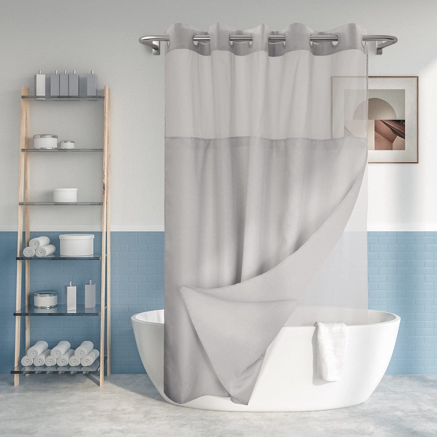 Long No Hook Slub Textured Shower Curtain with Snapin PEVA Liner Set 71 x 8078 Hotel Style with See Through Top Window Grey Fabric Curtain Waterproof Liner Gray 71x80