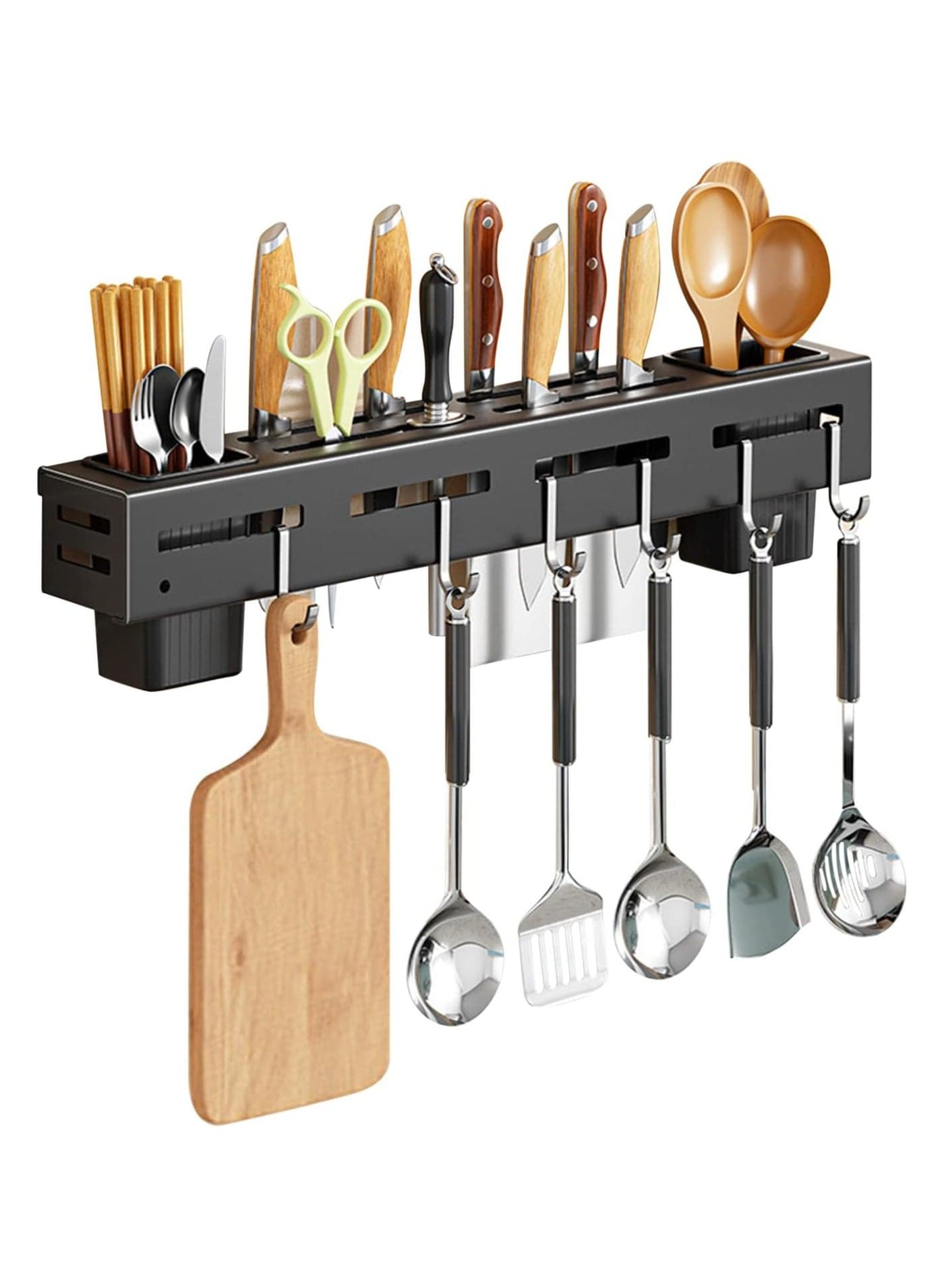Wall Mount Utensil Holder, Stainless Steel Kitchen Utensil Rack, Multi-use Hanging Storage Organizer Rack with Knife Holder, Towel Bar, Flatware Slot and 6 Removable Hook