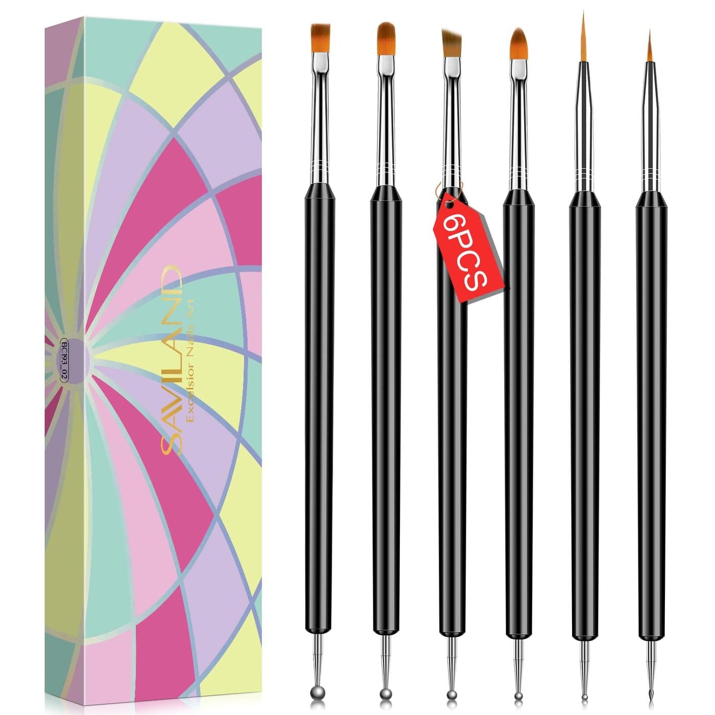 SAVILAND Nail Art Brushes Set 6pcs DoubleEnd Nail Art Tools Professional Nail Art Kit Dotting Tools Line Pen Painting Brushes for Gel Polish Nail Design French Manicure
