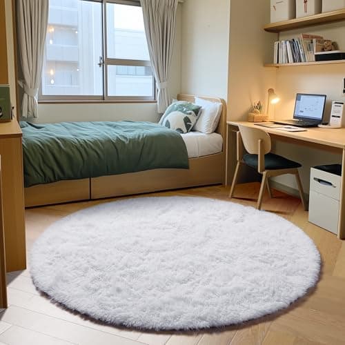 ONASAR White Round Area Rugs 5ft, Soft Bedroom Circle Rug Floor Mat for Kids Girls Boys Teen Room, Fuzzy Plush Shaggy Carpet for Baby Nursery Living Room Playroom Dorm Home Decor