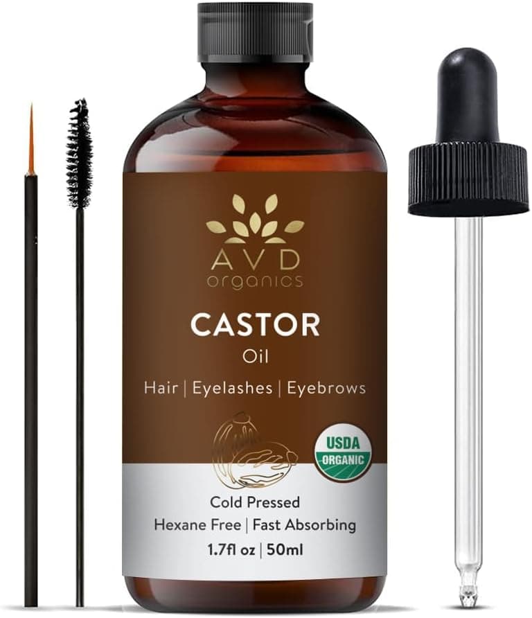 AVD Organics Castor Oil 50ml USDA Certified Organic 100 Pure Hexane Free Cold Pressed Castor Oil for Eyelashes Eyebrows Hair Growth With Eyebrow Eyelash Brush 17 fl oz