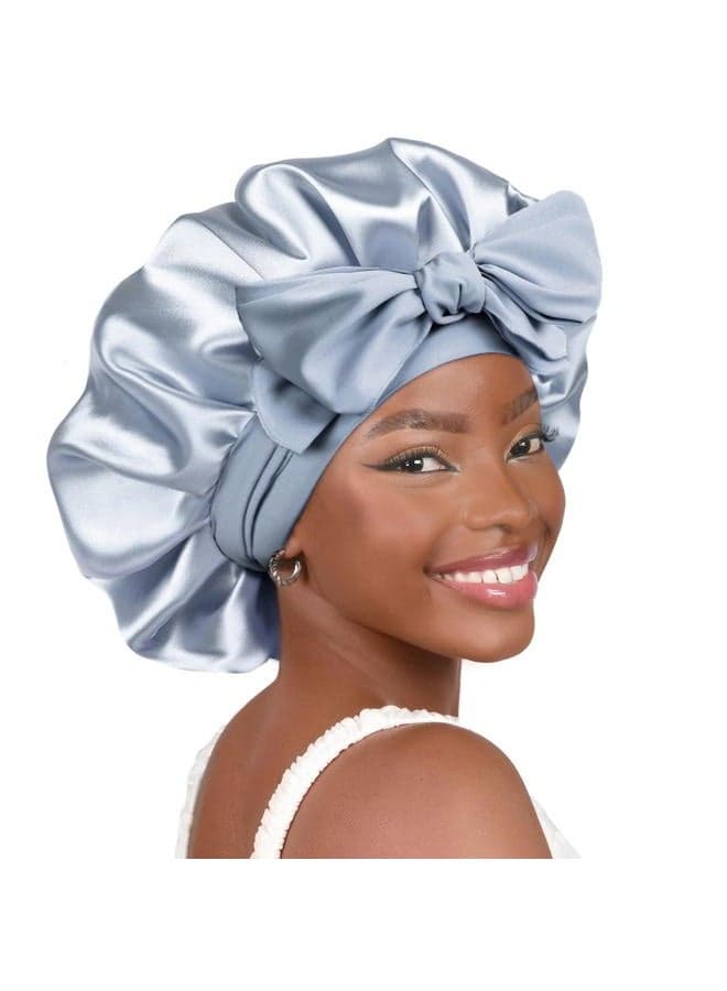 Adjustable Satin Bonnet for Sleeping Women Double Layer Hair Wrap Reduce Friction Prevent Frizz Natural Curly Hair, Blue