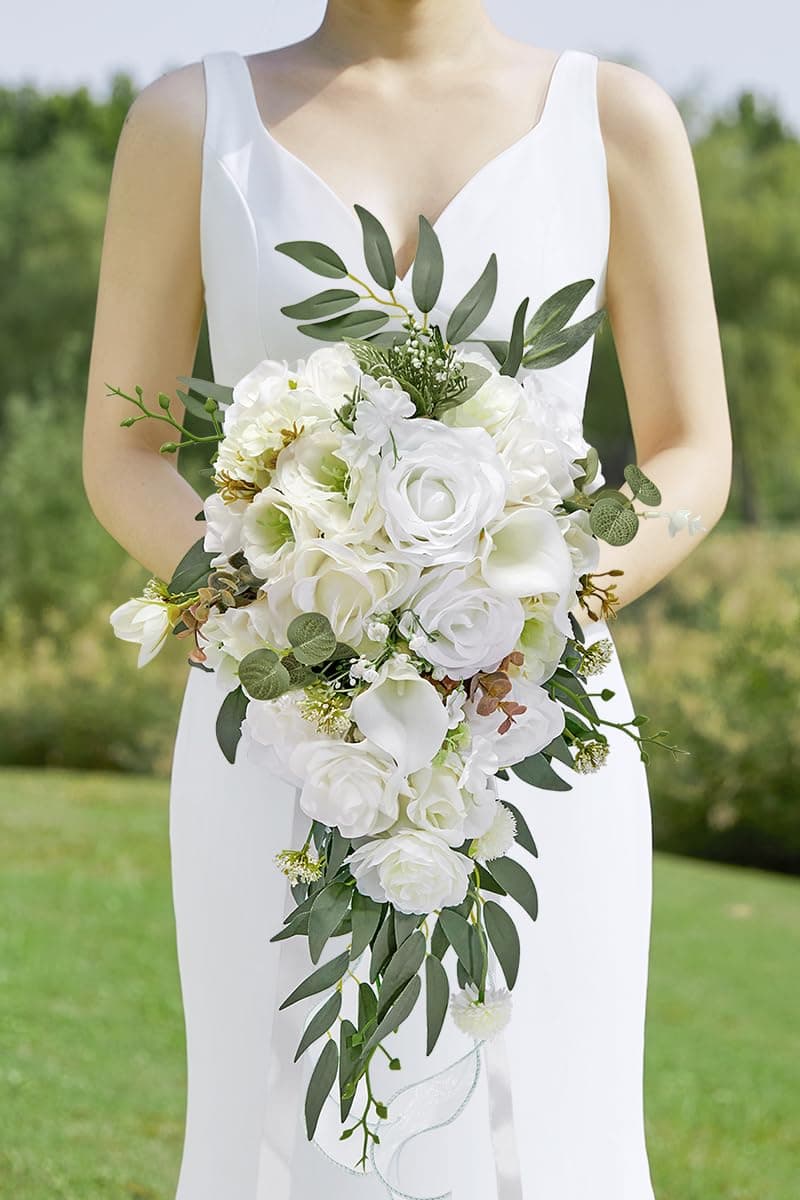 Alecono Wedding Bouquets for Bride 8in Artificial White Bridal Bouquets for Wedding Ceremony and Anniversary Decor