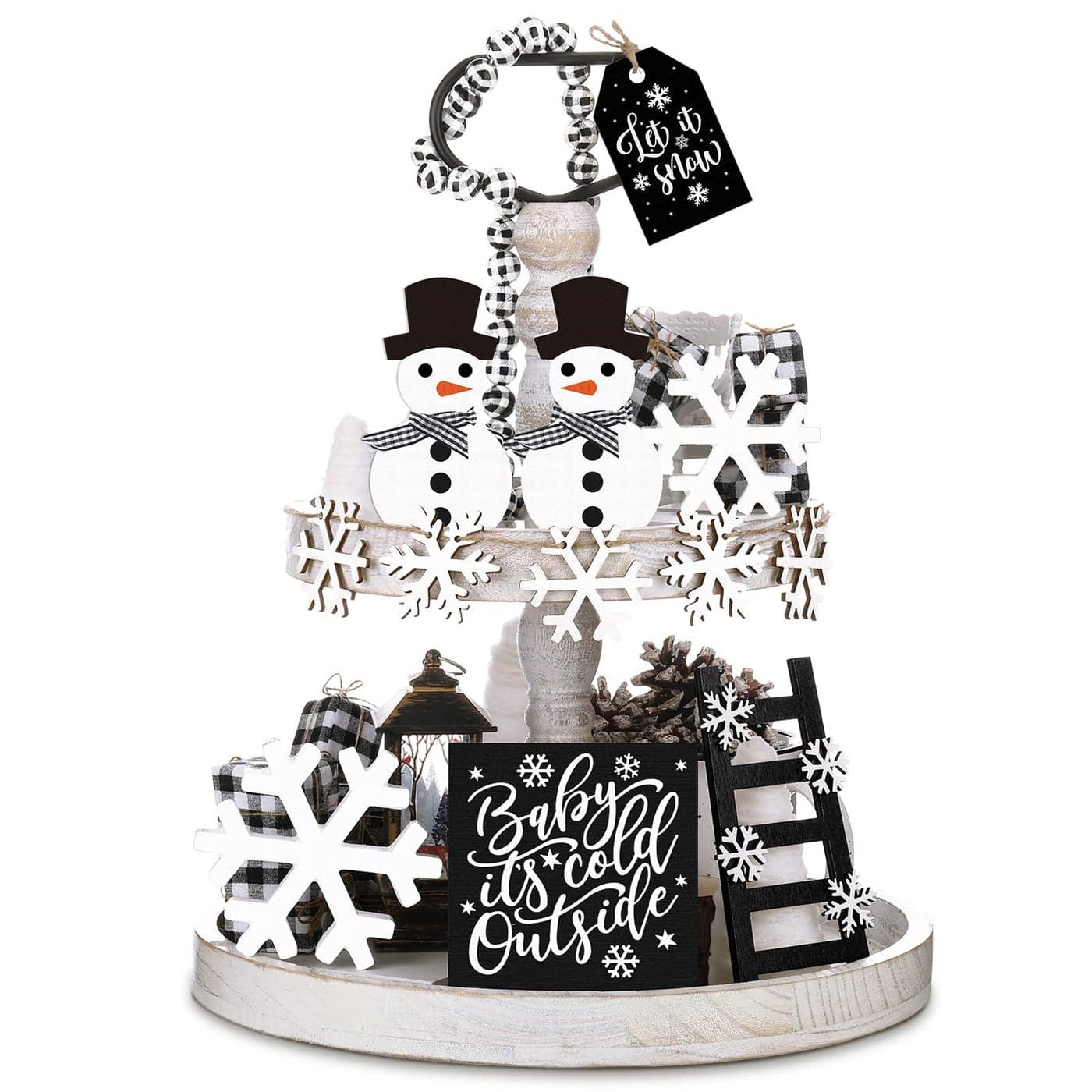 12 Pieces Christmas Winter Tiered Tray Decor Set Snowman Snowflake Table Wood Sign Farmhouse Tabletop Signs for Xmas Winter Home Table Holiday