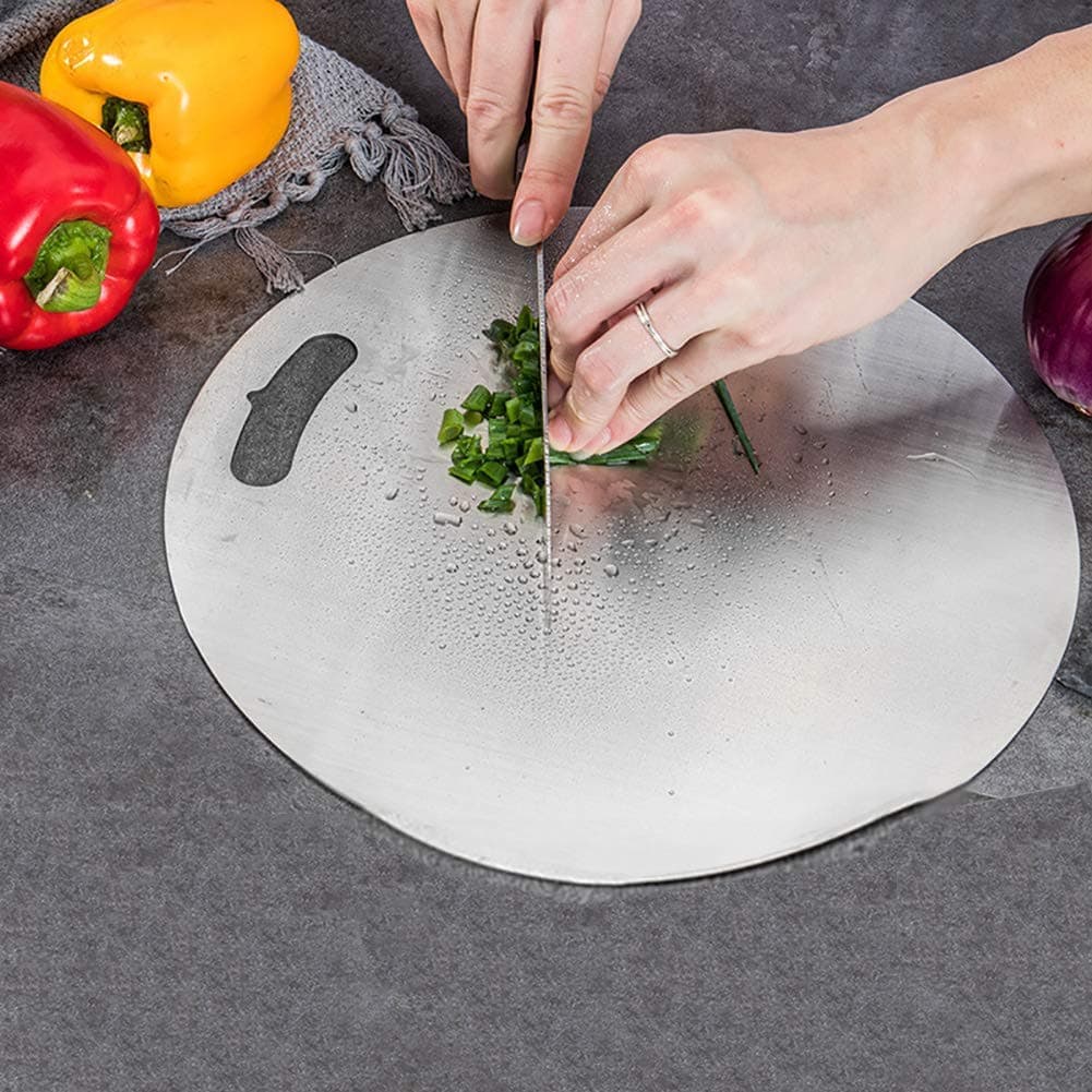 Indian Decor 509045 Stainless Steel Cutting Board Handle Knife Friendly Chopping Board Polished Carving Board for Serving Meat VegetableRound 40cm157inch