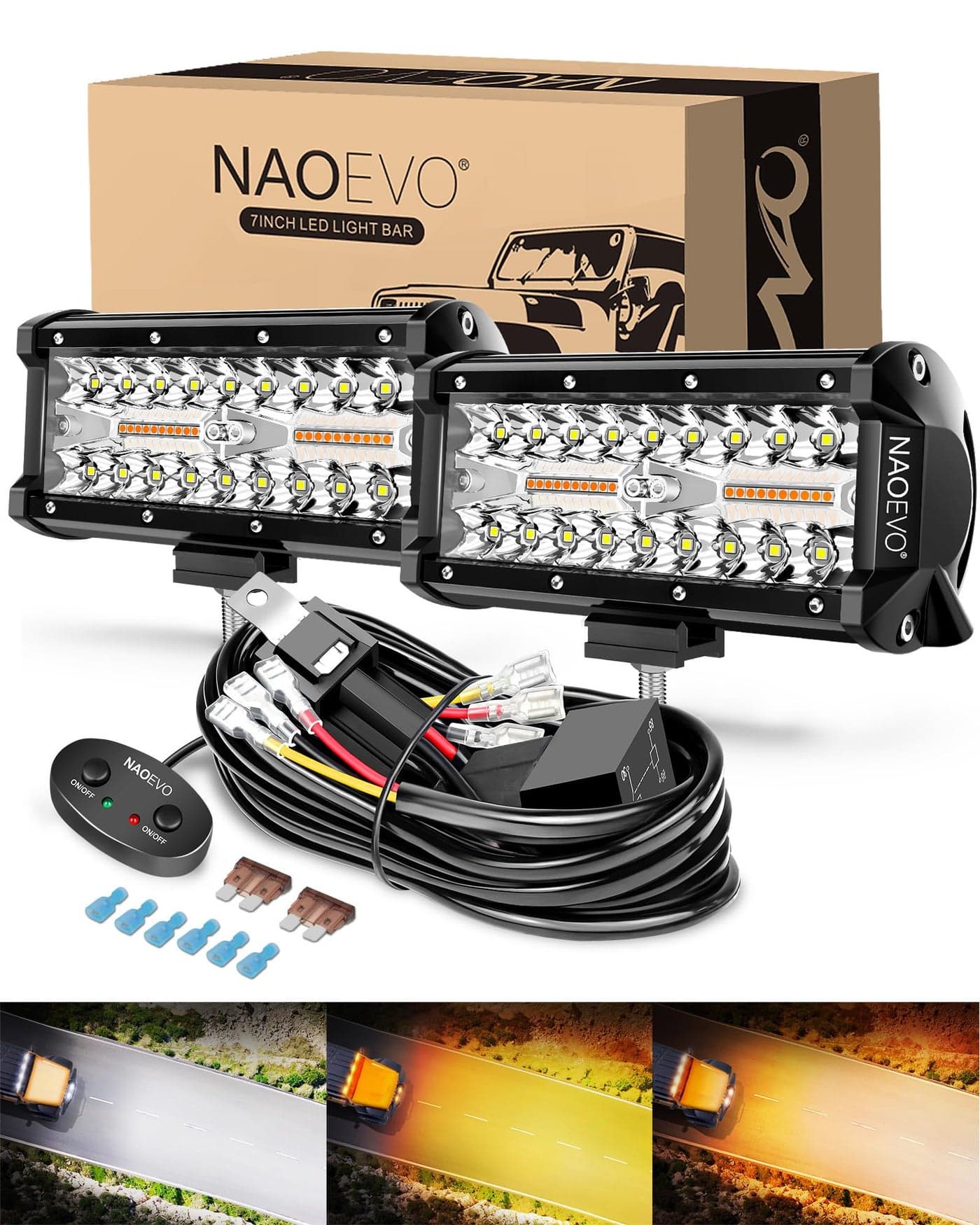 NAOEVO 7 Inch Light Bar 240W 24000LM Offroad FogDriving Lights LED Pods with 2 Leads Wiring Harness Spot Flood Combo LED Work Lights for Truck Boat UTV ATV 2Pack WhiteAmberWhiteAmber