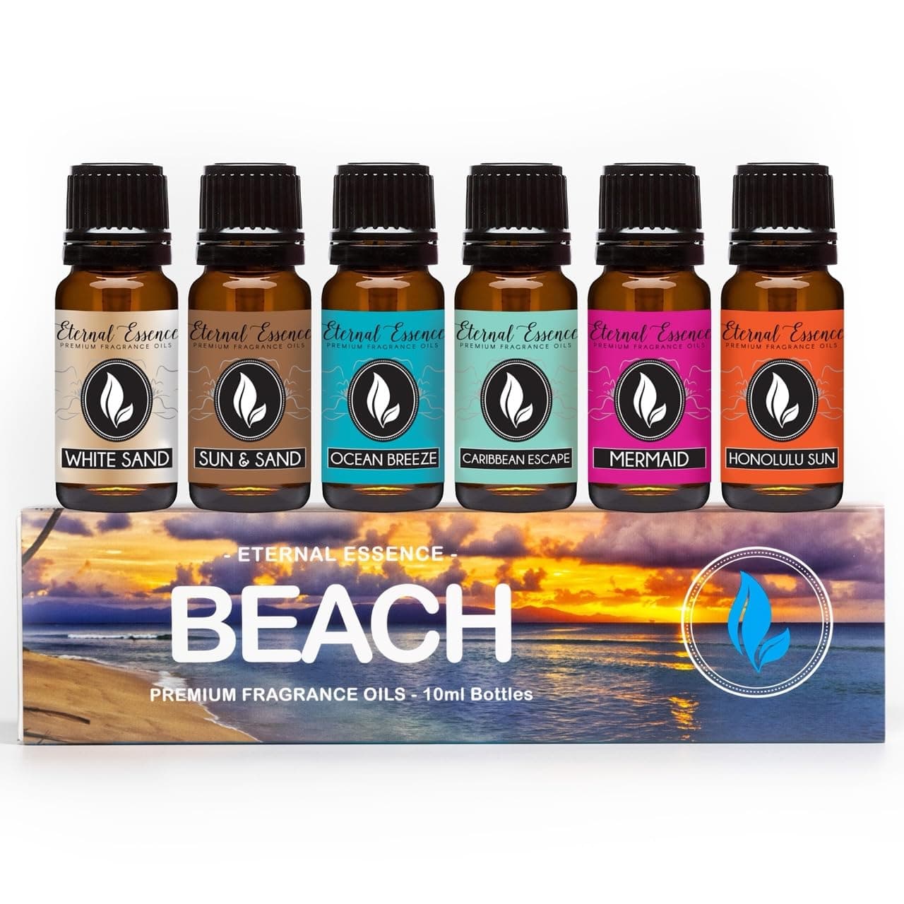 Eternal Essence Oils Beach Set of 6 Premium Fragrance Oils - Includes White Sand, Ocean Breeze, Honolulu Sun, Mermaid, Caribbean Escape, and Sun & Sand Scented Oils - 10ML