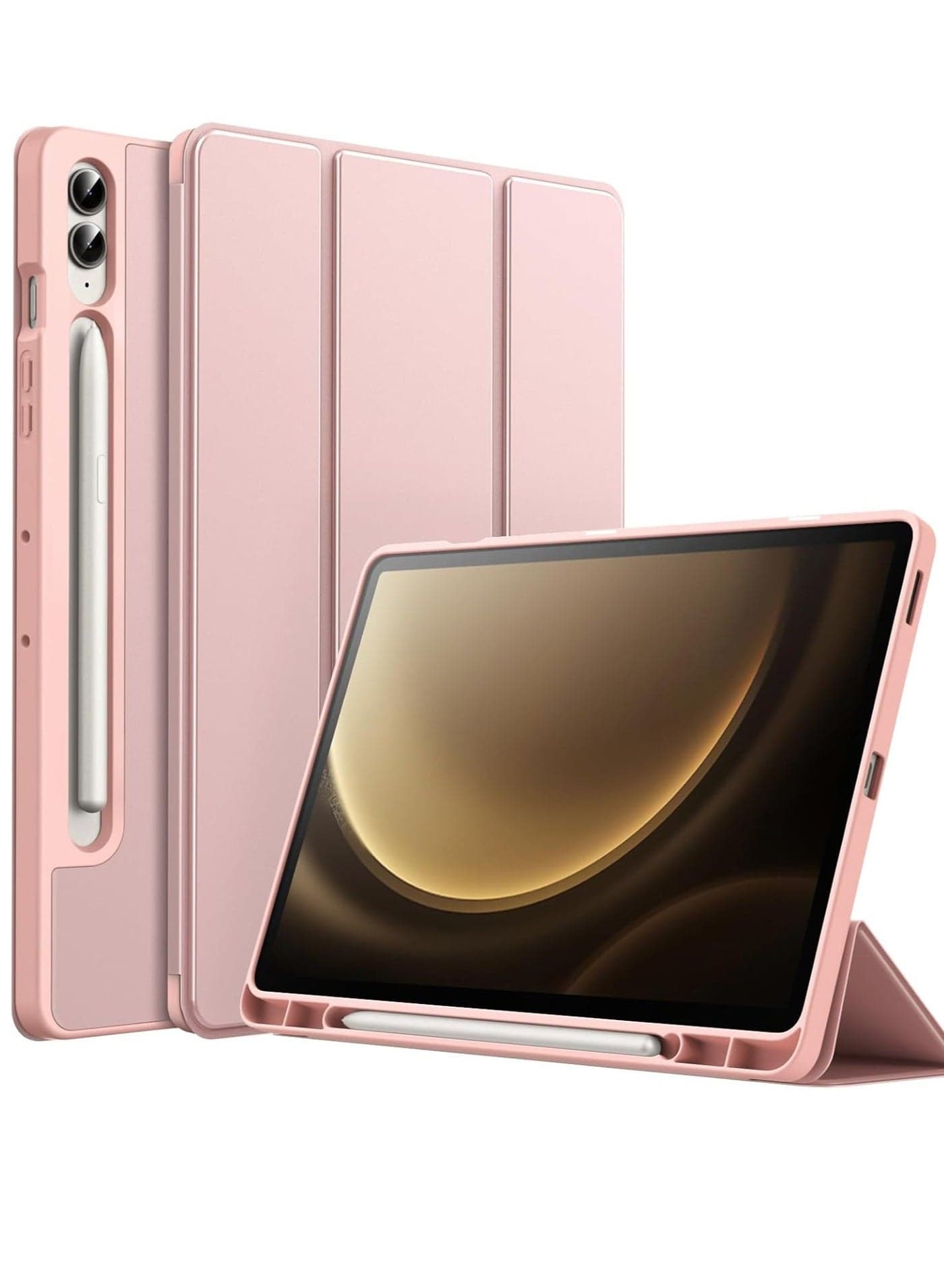 Case for Samsung Galaxy Tab S9 FE+ / S9 FE Plus 12.4-Inch – Soft TPU Tri-Fold Stand Protective Cover with S Pen Holder, S Pen Charging Support, Auto Wake/Sleep (Rose Gold)