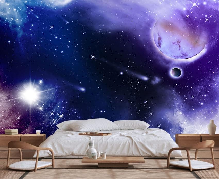 Wmjurel Blue and Purple Starry Sky Wallpaper Full Moon and Stars Shining Mural Large Wall Background MuralNonselfAdhesive