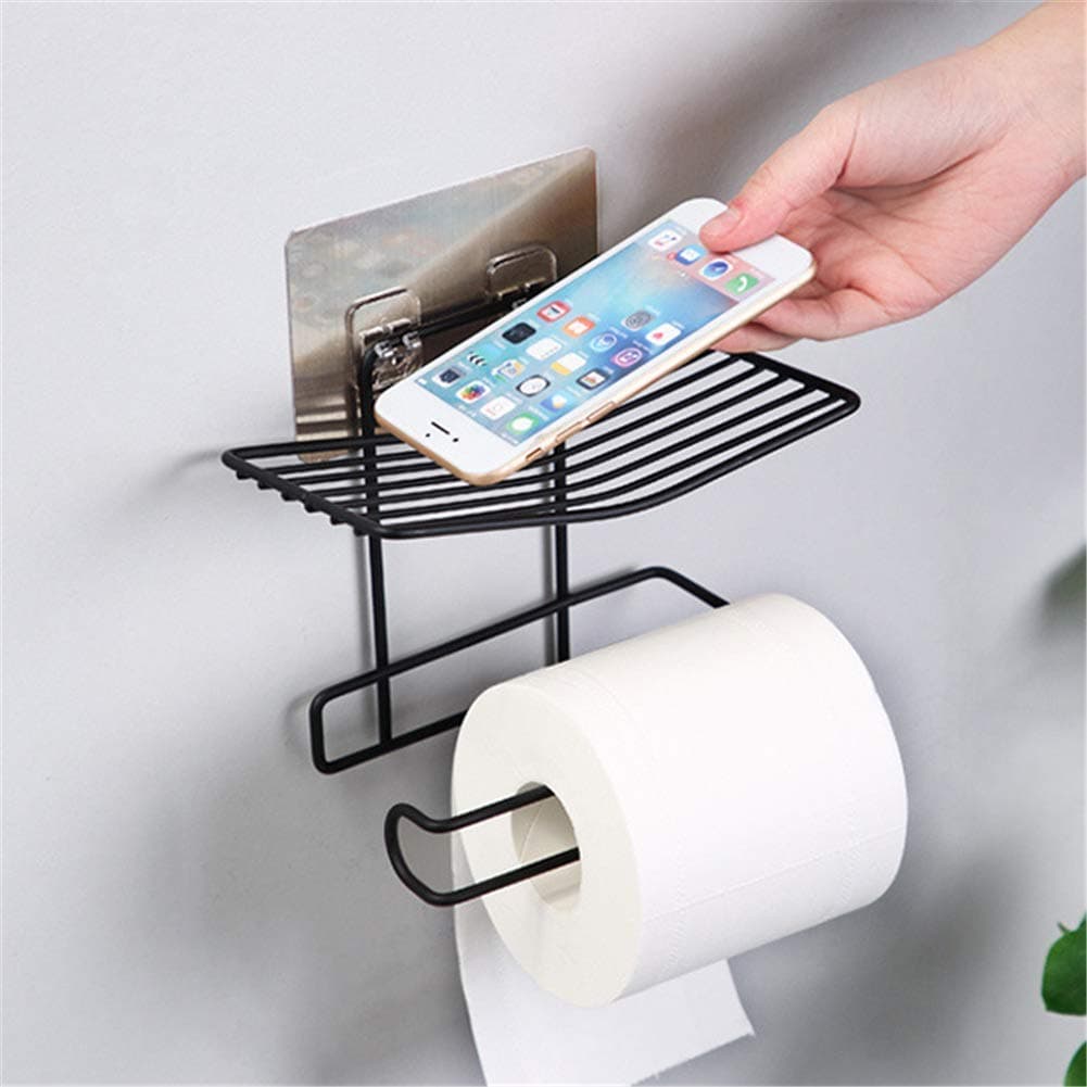 Swami Enterprise Toilet Paper Holder Shelf Tissue Roll Towel Storage Rack Adhesive Mobile Phone Dispenser Hanger Organizer Bathroom ArtBlack