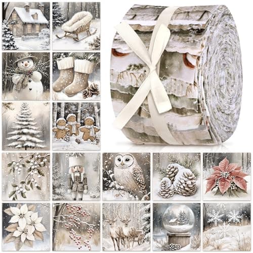 Ganeen 100 Pcs Beige Winter Quilting Fabric Roll Neutral Christmas 256 Inch Fabric Strips Jelly Patchwork Reindeer Snowman Nutcracker Precut Square Bundle for Xmas Handmade Material Craft DIY Sewing