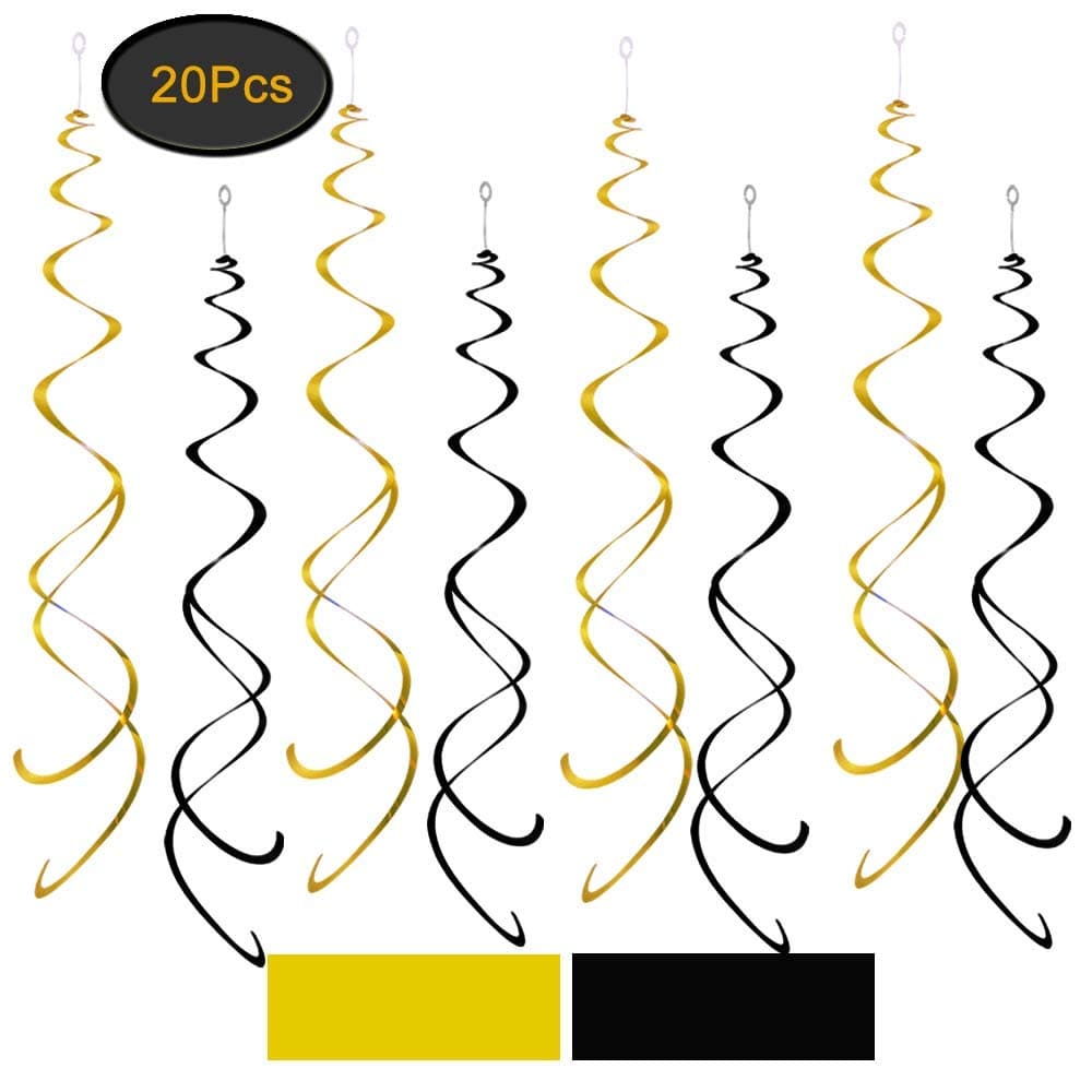 Aimto Black and Gold Party Swirl DecorationsFoil Ceiling Hanging Swirl Decorations Whirls DecorationsPack of 20